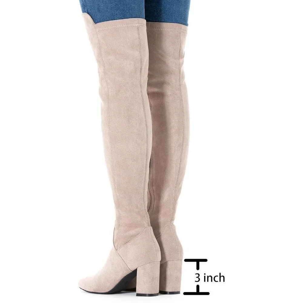 Women Cream/3 Inch Heel Faux Suede Over The Knee Thigh High Low Block Heel Boot